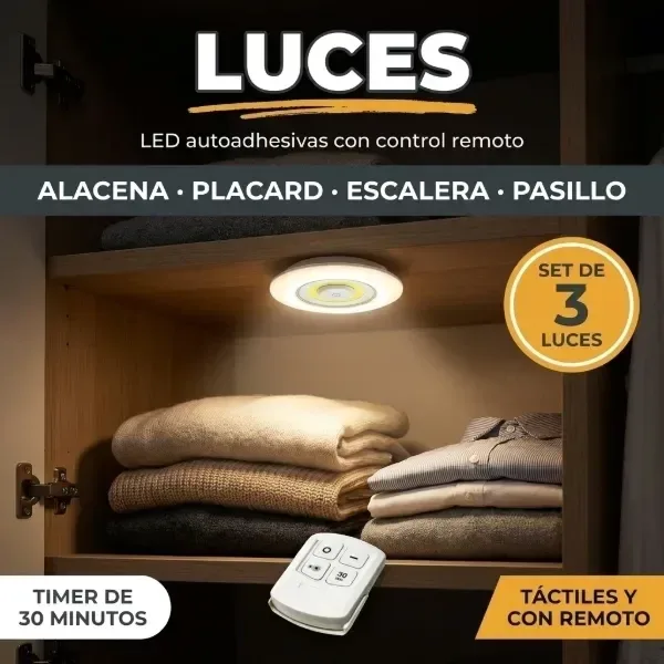 Set x3 luces LED autoadhesivas con control remoto