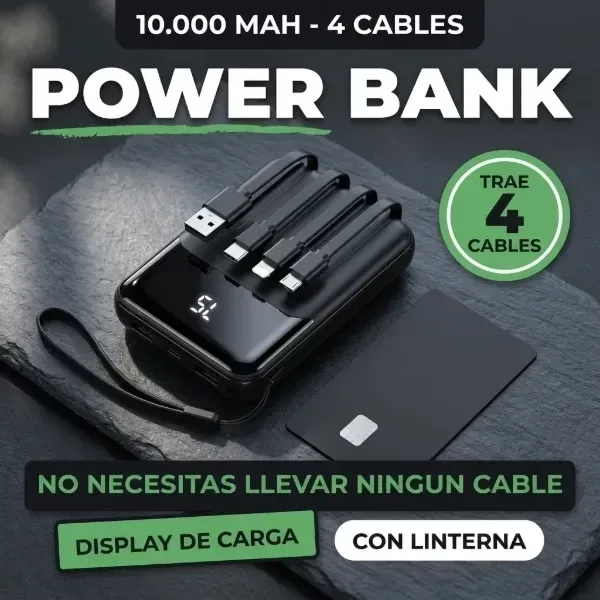 Power bank 10.000 mAh con 4 cables, display y linterna