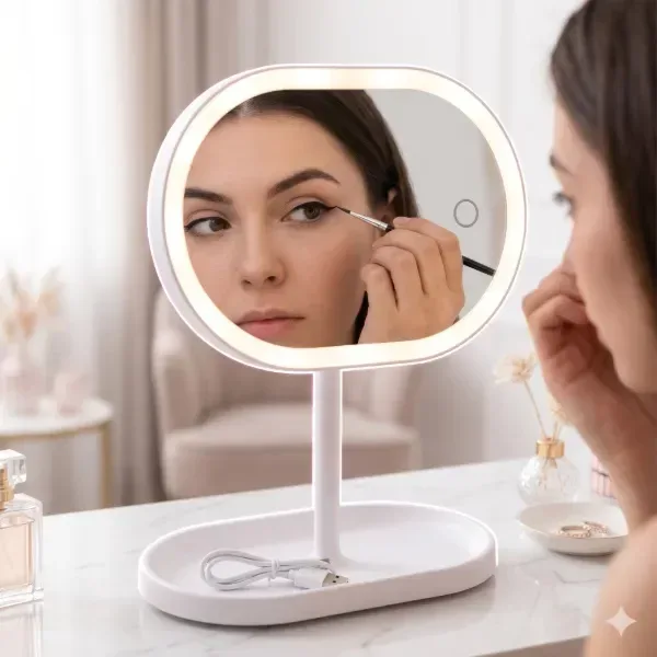 Espejo de maquillaje con luz LED y organizador, recargable USB-C