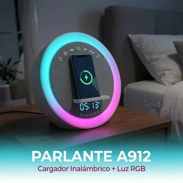 Parlante Bluetooth A912 con cargador inalámbrico, luz RGB y despertador
