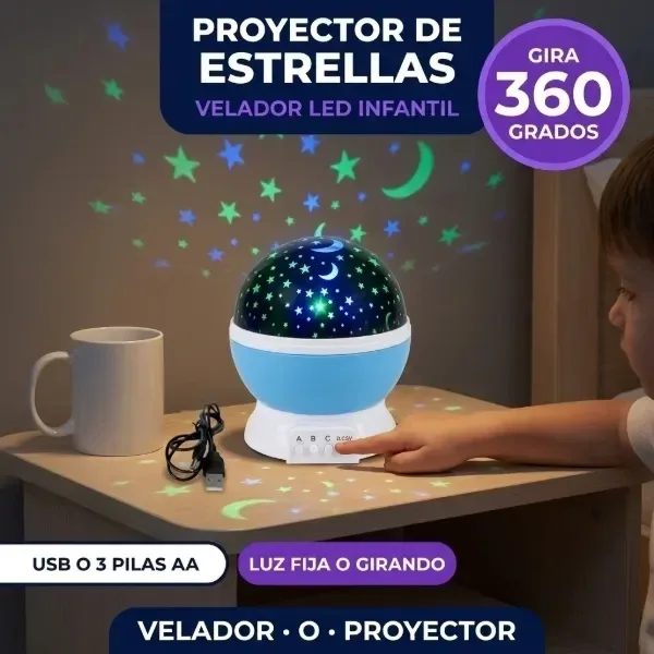 Velador proyector de estrellas giratorio 360° con luz LED
